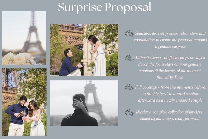 Eiffel Tower Surprise Proposal Engagement - The proposal moment: timing, posing, and how the photographer helps