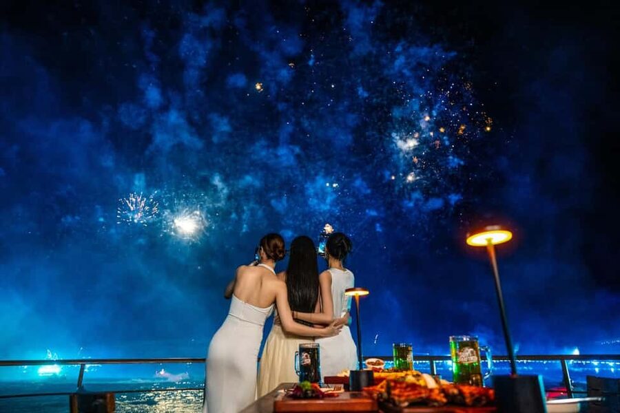 PhuQuoc Romantic Dinner with Symphony & Kiss of the Sea Show - Kiss of the Sea fireworks from the restaurant: best view, big sky moment